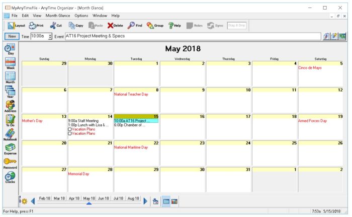 AnyTime Organizer 16 calendar monthly view shows calendar events and daily To Do's.